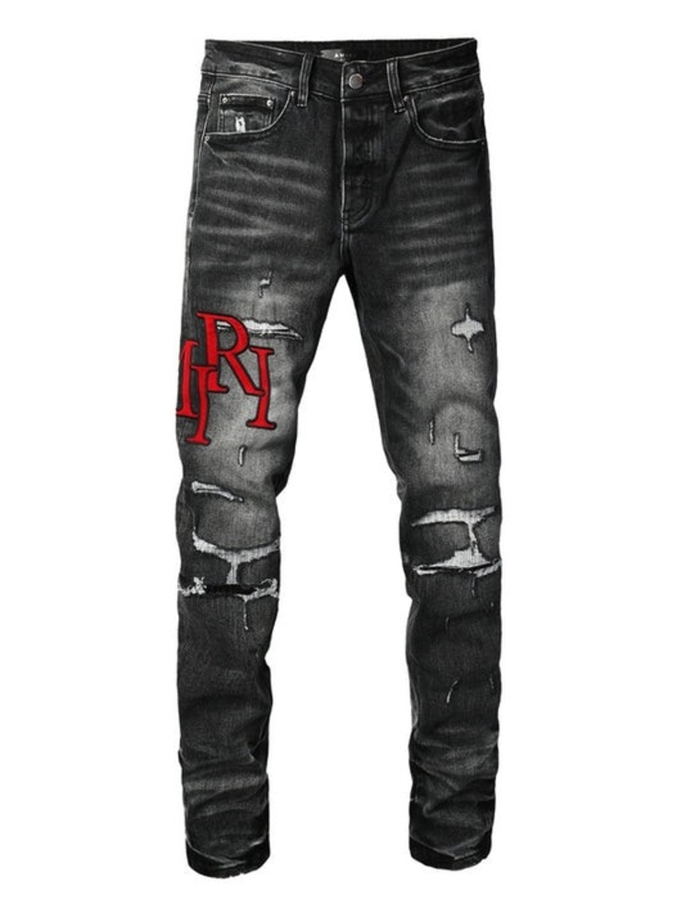 AMIRI Black Distressed Skinny Jeans with Red Logo Patch